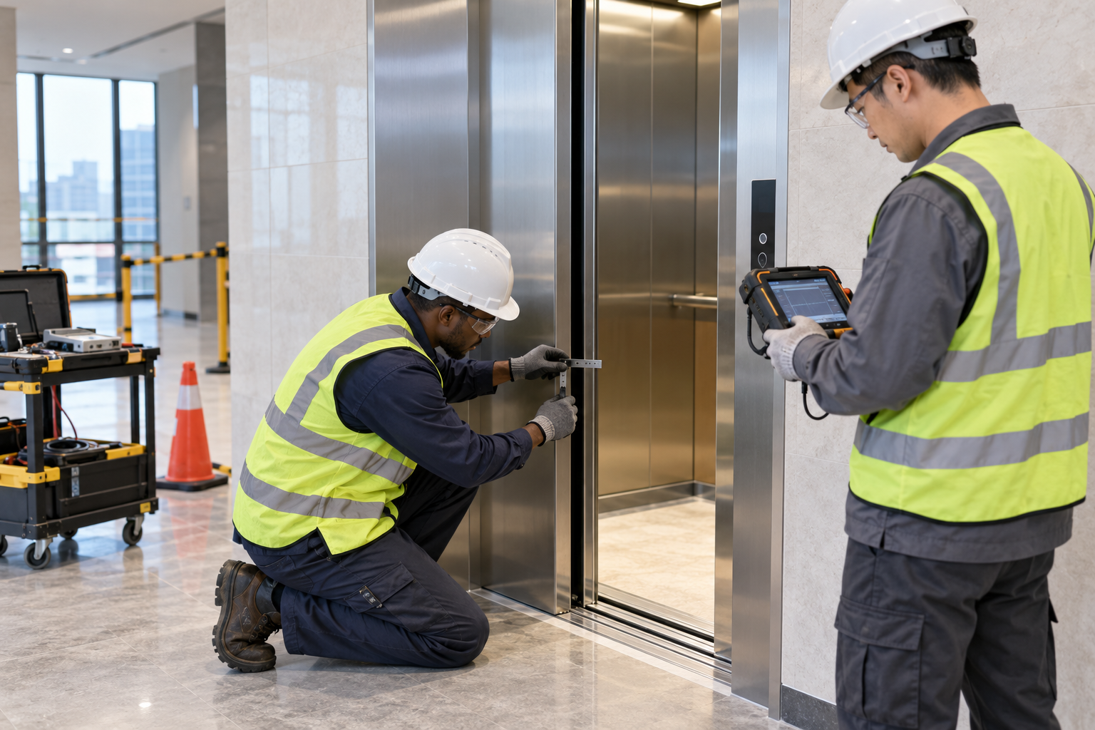 Black and Asian elevator technicians measuring landing-door clearance and checking commissioning status