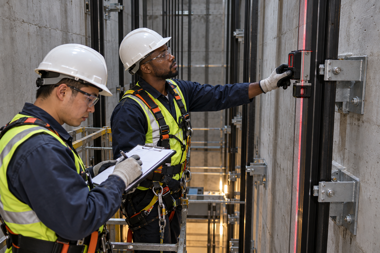 Black and Asian elevator technicians checking guide-rail plumb together with a laser in an elevator shaft